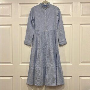 Alice Walk Chambray Cotton Linen Blend Dress Maxi Long Sleeve Blue Size XS